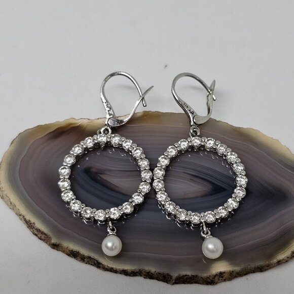 Premier Designs 925 Sterling Silver CZ Crystal Pearl Dangle Earrings Circle - Picture 5 of 12